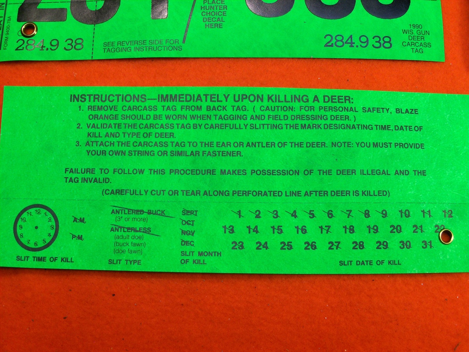 LOT OF 10 1990 CONSECUTIVE WISCONSIN DNR DEER LICENSE HUNTING GUN BACK TAGS