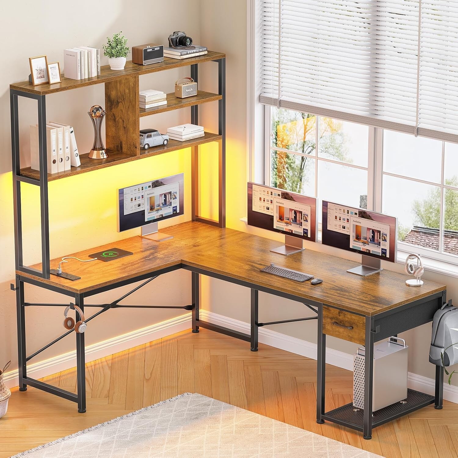 L Shaped Computer Desk with LED Lights and Storage Shelves, Home Office Desk