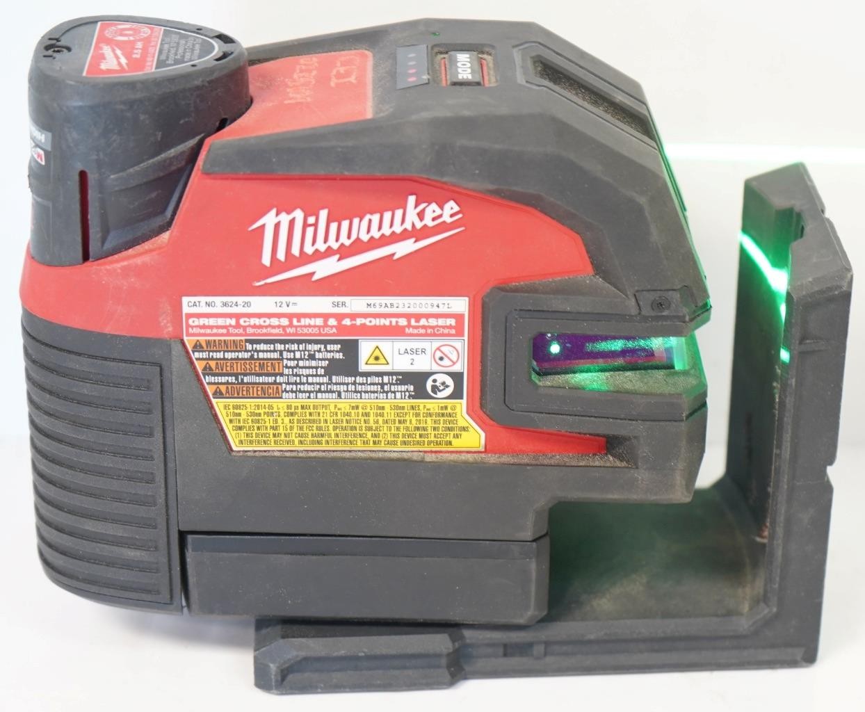 Milwaukee 3624-20 M12 Green Cross Line & 4-Points Laser w/Battery