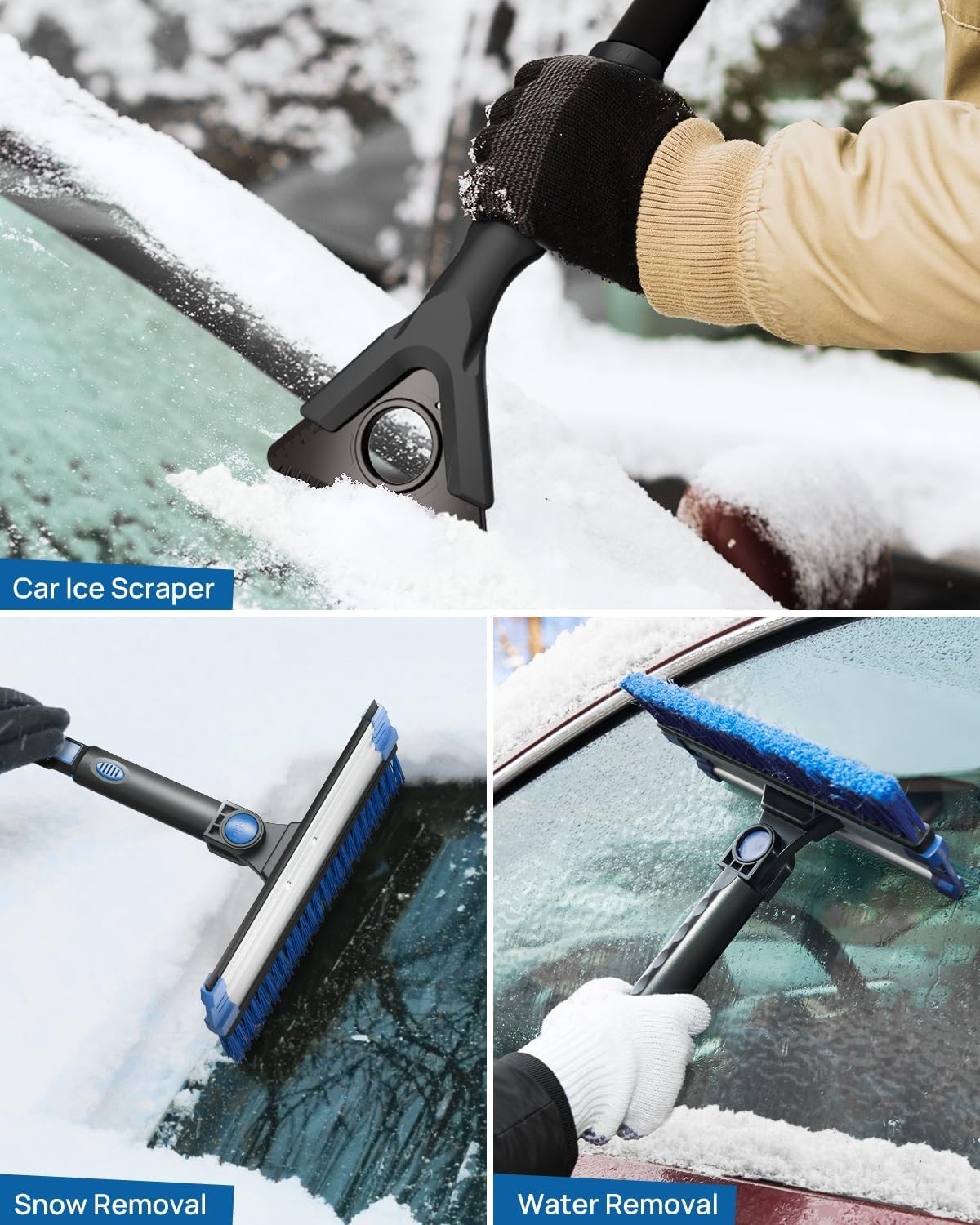 Multifunctional Car Snow Brush & Ice Scraper - 61.3″ Extendable with Helpers