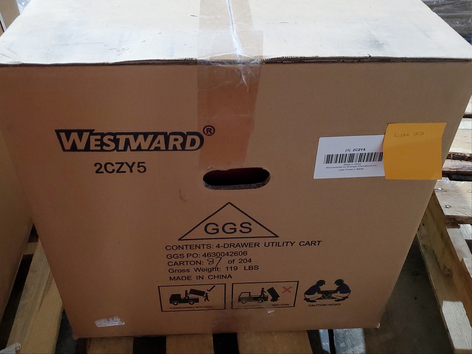 Rolling Tool Utility Cart Red 4 Drawer 30"Wx38"Hx20"D 250lb Cap Westward 2CZY5