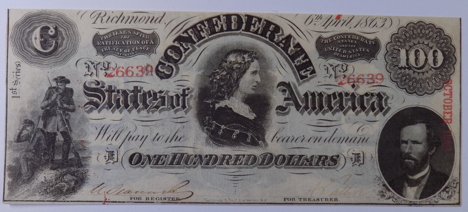 1863 $100 Confederate States of America Lucy T-56 AU