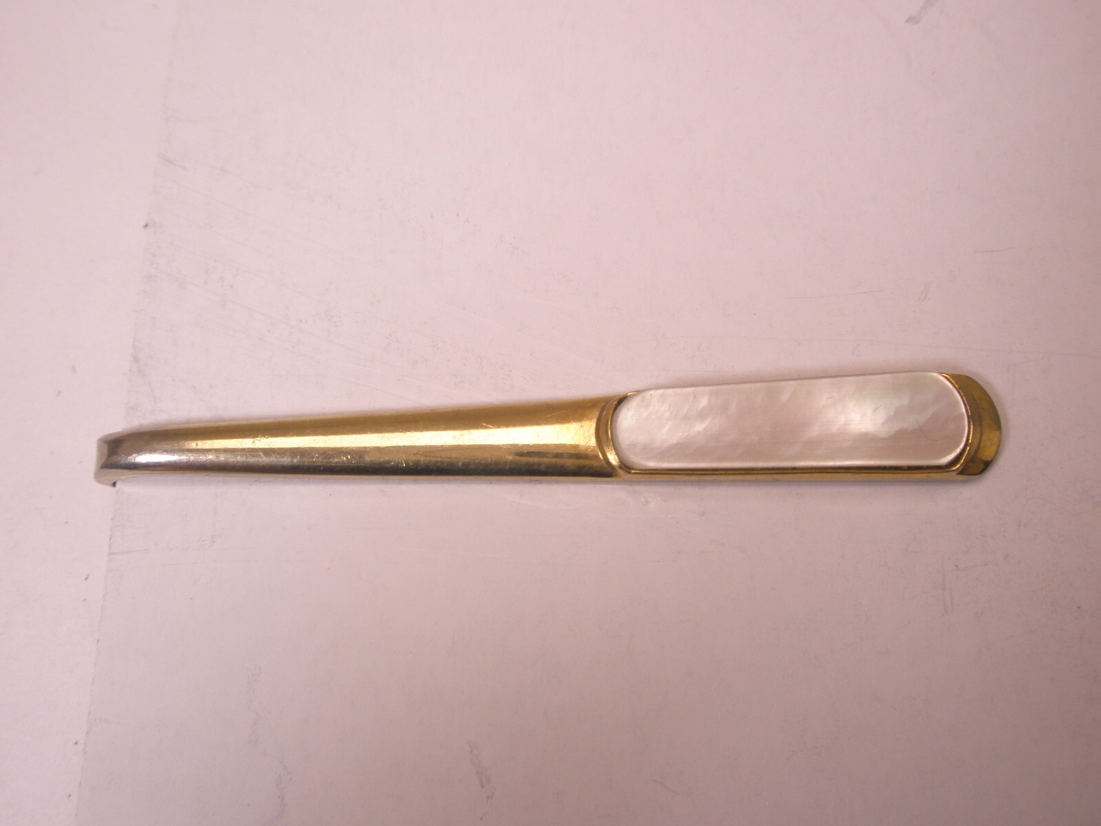 2-3/8" White Mother of Pearl Thin Tapered Design Vintage Tie Bar Clip