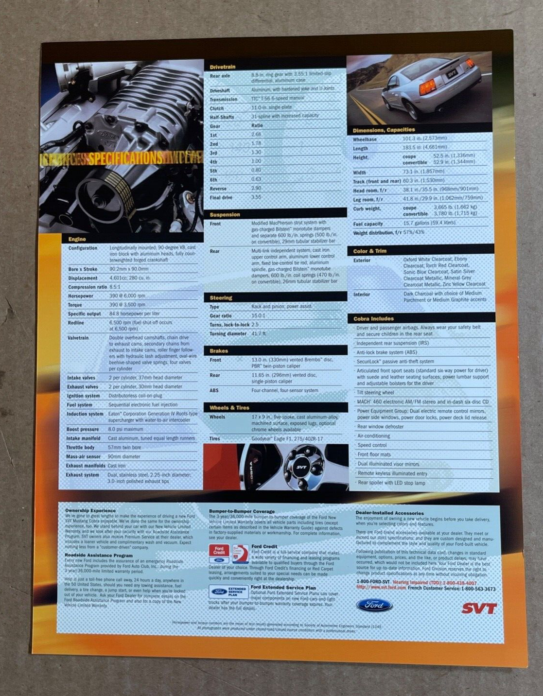 2003 Ford Mustang SVT Cobra Fact Sales Sheet - SINGLE SHEET COLLECTORS ITEM