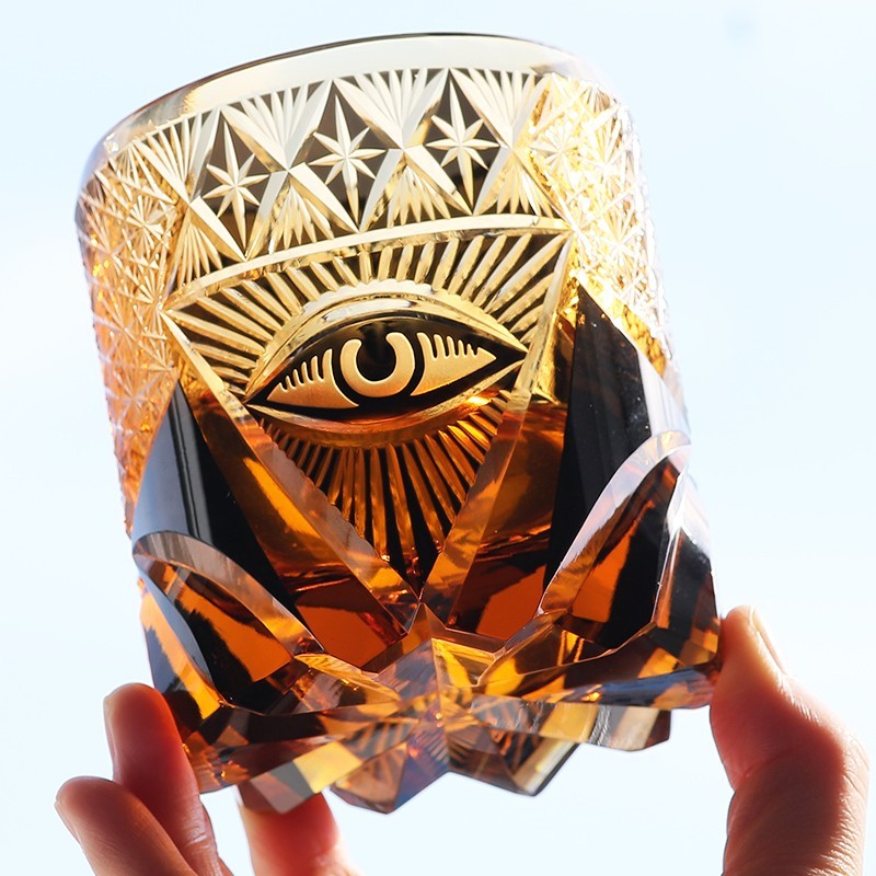 High-end Hand Carved Eye Pattern Edo Kiriko Glass Whisky Glass Amber Color