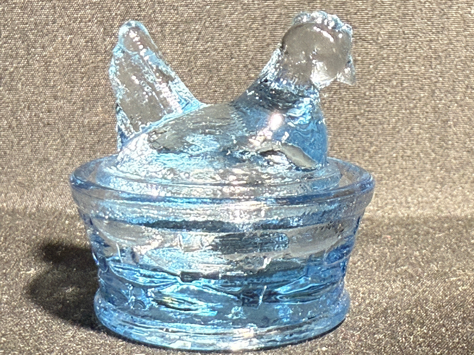 Blue Vaseline uranium glass Hen Chicken on nest basket eggs / salt cellar orange