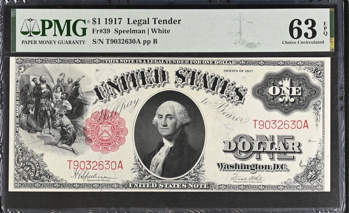 1917 $1 Legal Tender Bank Note PMG 63 EPQ FR.39 Speelman White