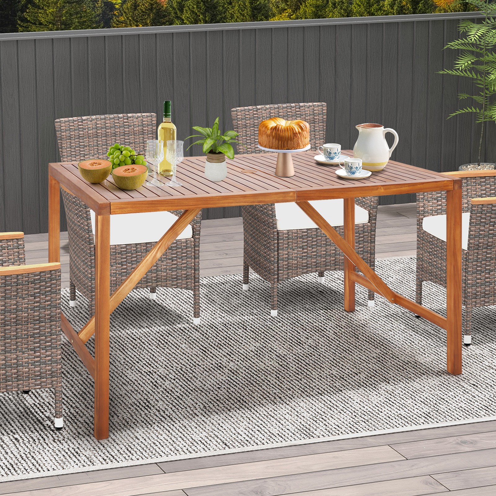 Patio Rectangle Acacia Wood Dining Table Spacious Slatted Top Up to 6 Outdoor