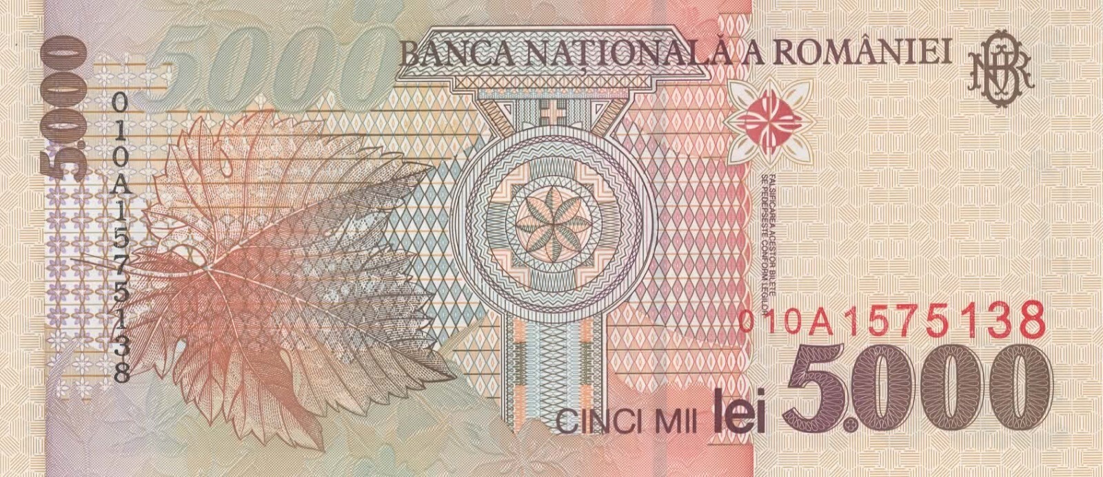 Romania 5000 Leu Banknote, 1998 P-107b Uncirculated Paper Currency