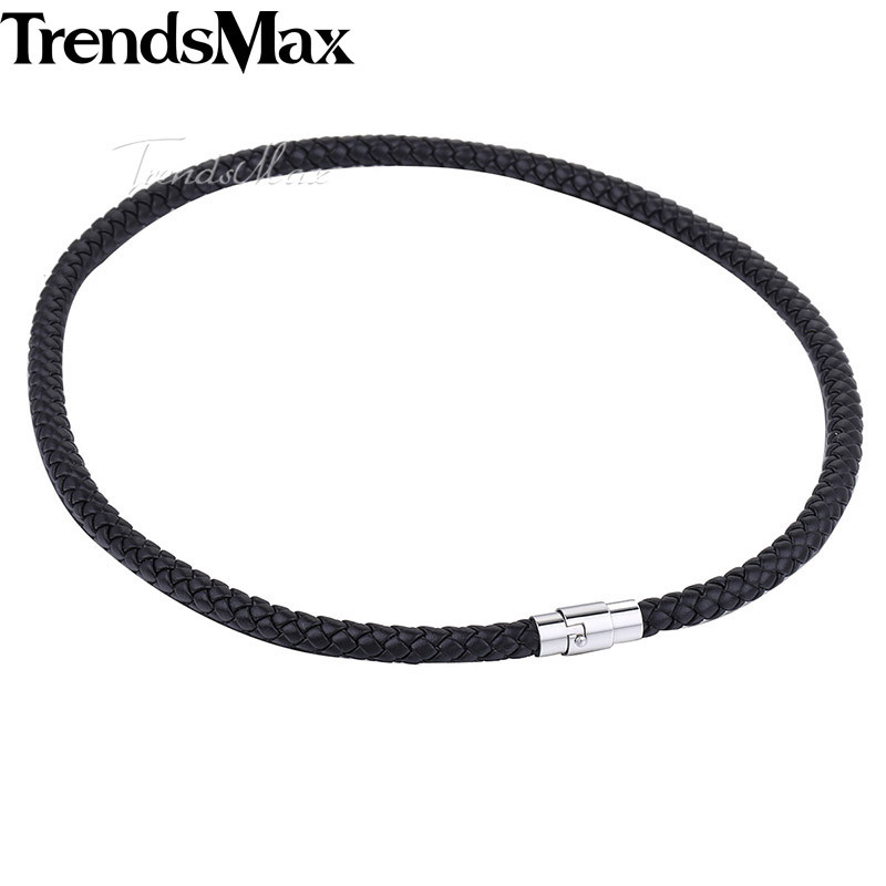 4/6/8mm 16"-36" Black Braided Leather Cord Necklace Choker Steel Magnetic Clasp