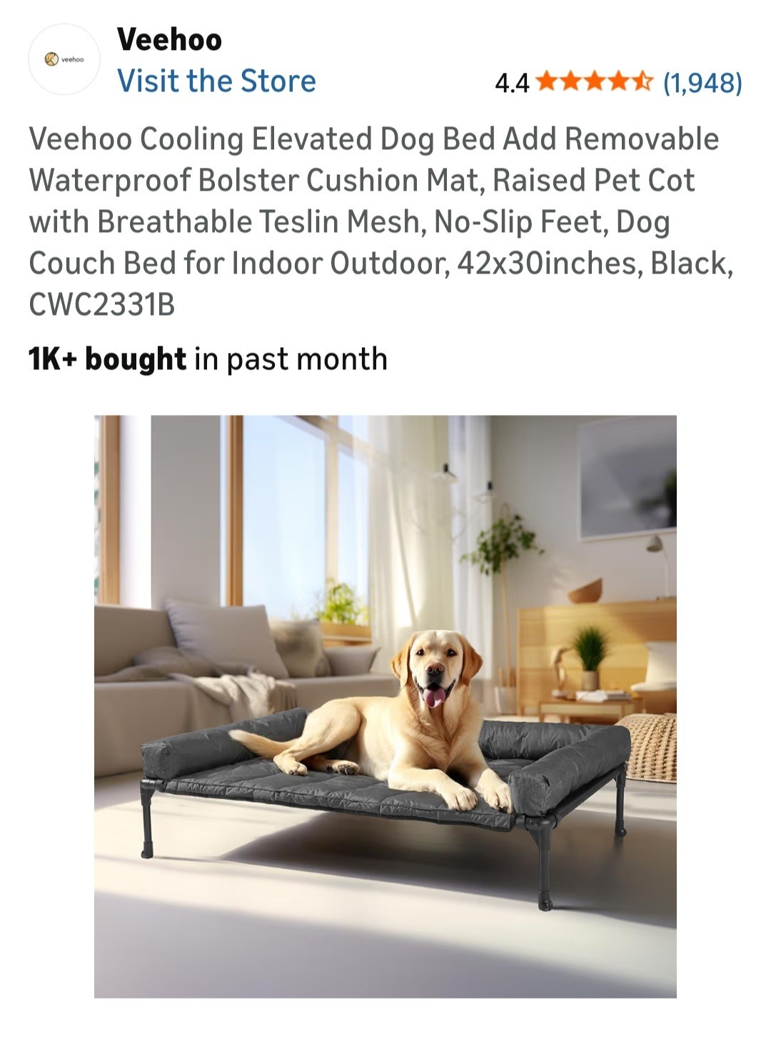 Veehoo Cooling Elevated Dog Bed Add Removable Waterproof Bolster Cushion Mat,...