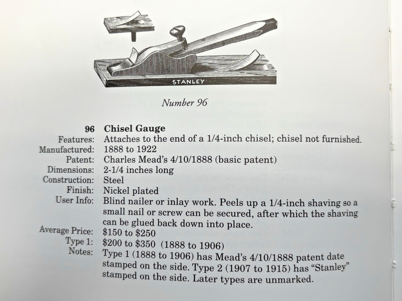 Stanley No 96 Blind Nailer w/ chisel gauge RARE tool