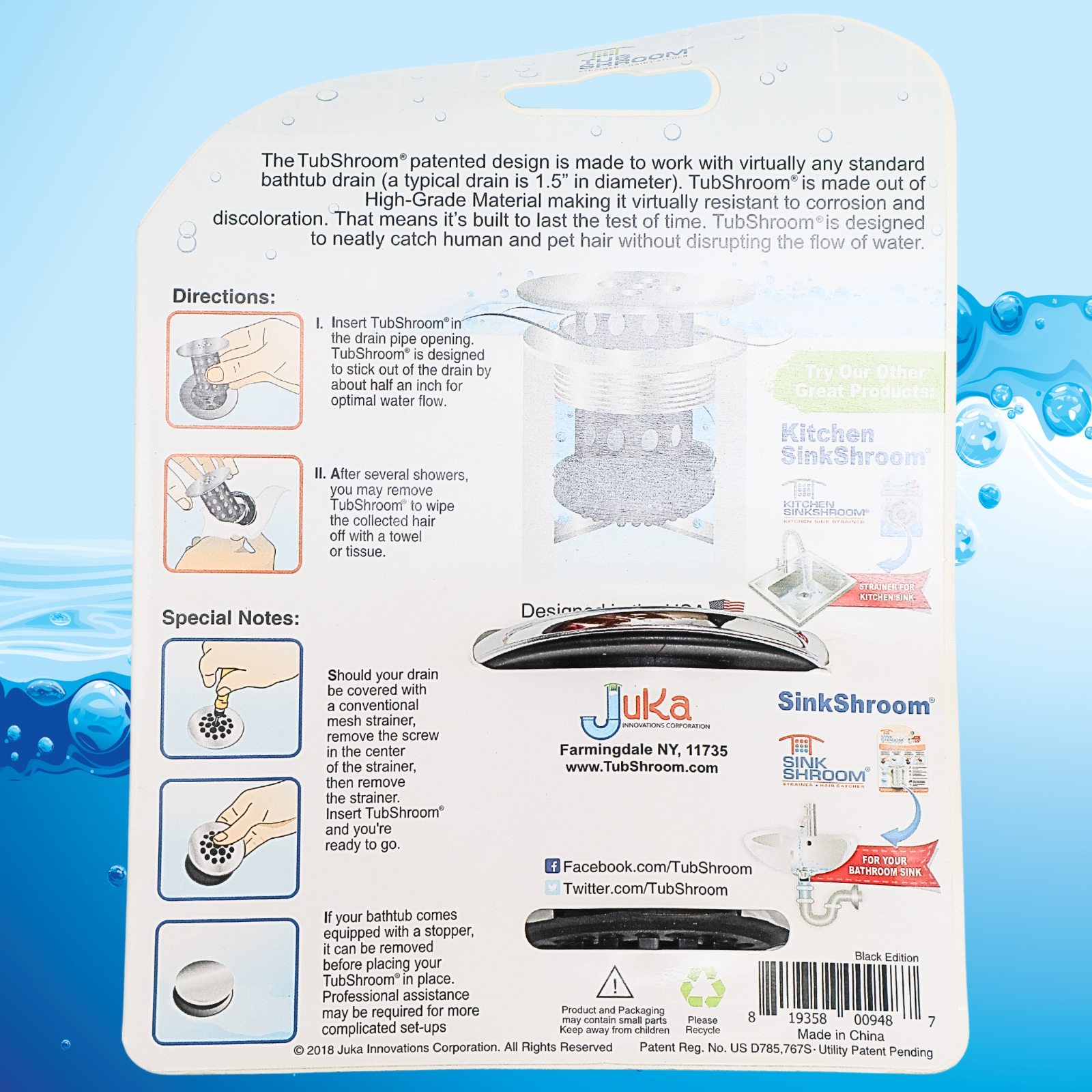 Tub Shroom Black Edition Revolutionary Hair Catcher for Bathtub Drains