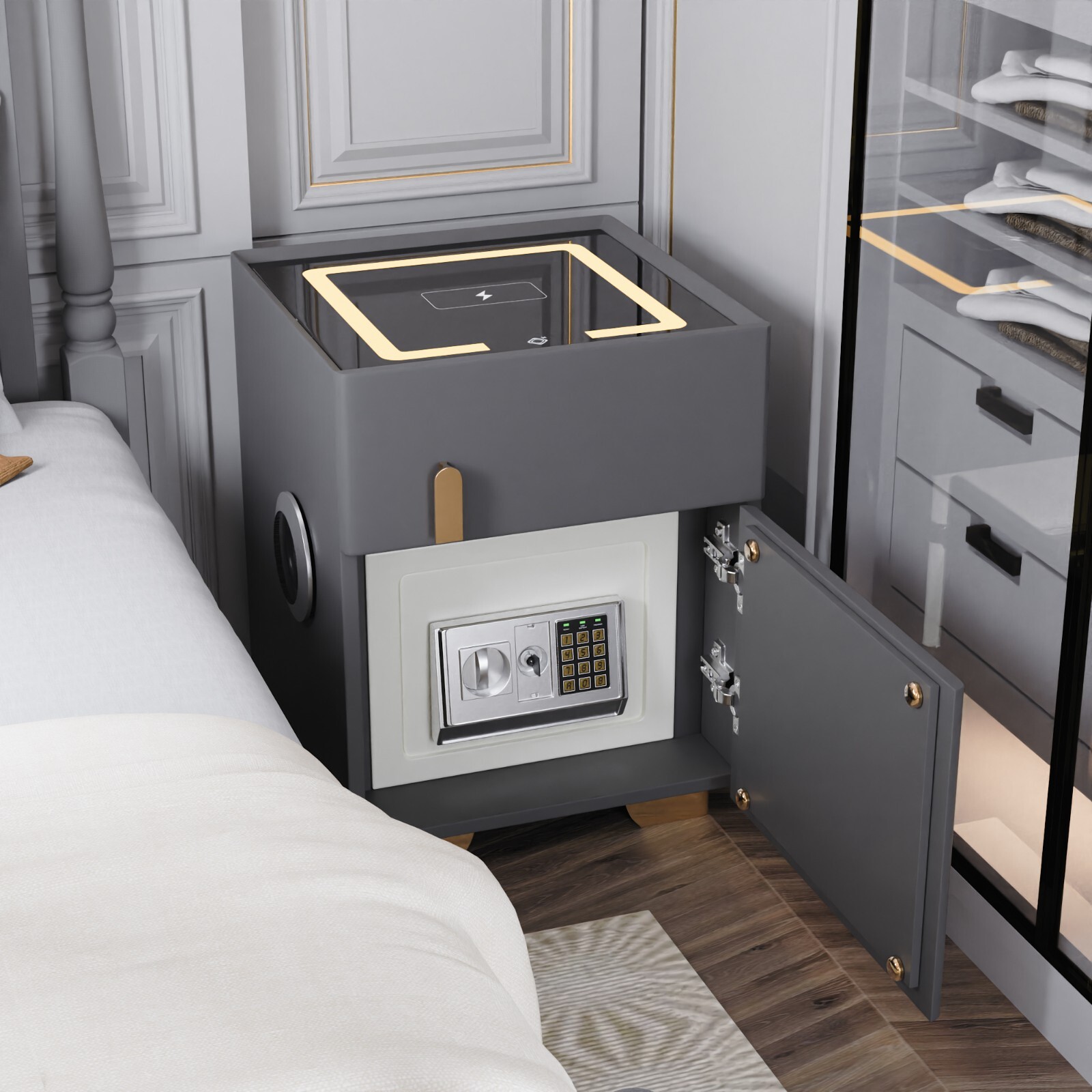 Dark Gray Double Drawer Smart Bedside Table with Safe + Wireless Charging