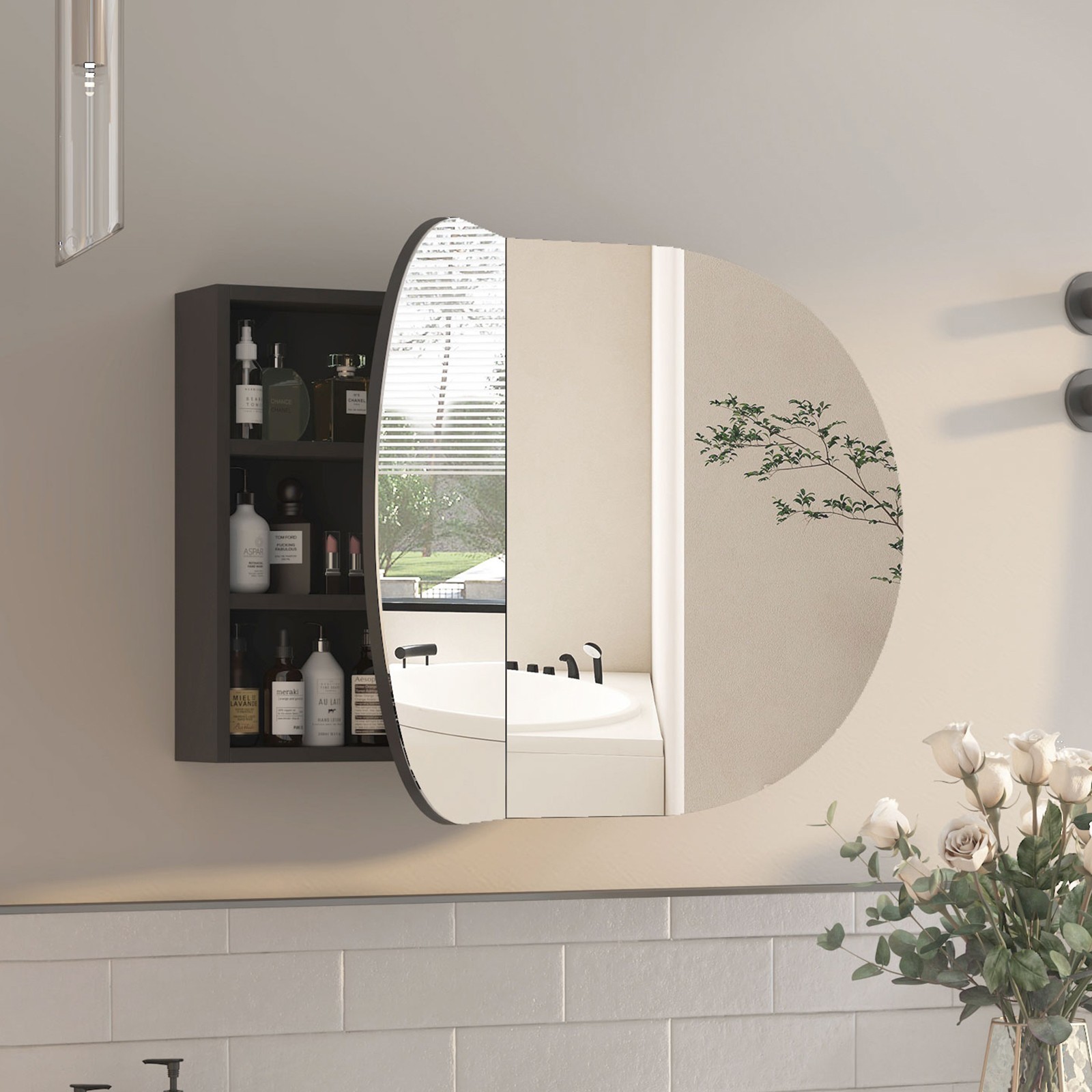 Oval Medicine Cabinet with Mirror Bathroom Mirror Cabinet with 5 Storage,2 Doors