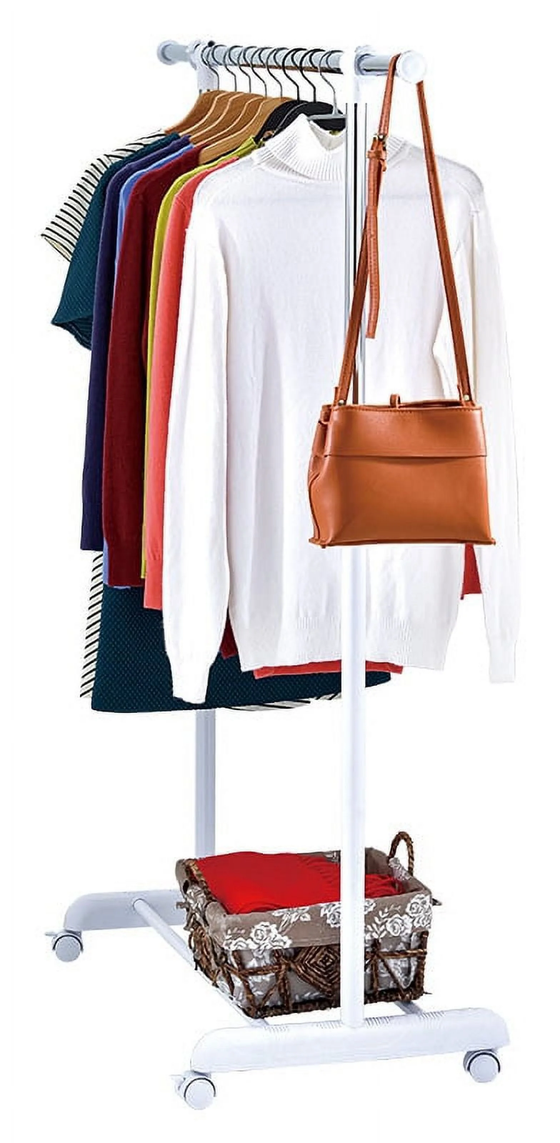 Heavy Clothes Hanger Adjustable Height Rolling Garment Rack Metal Chrome White