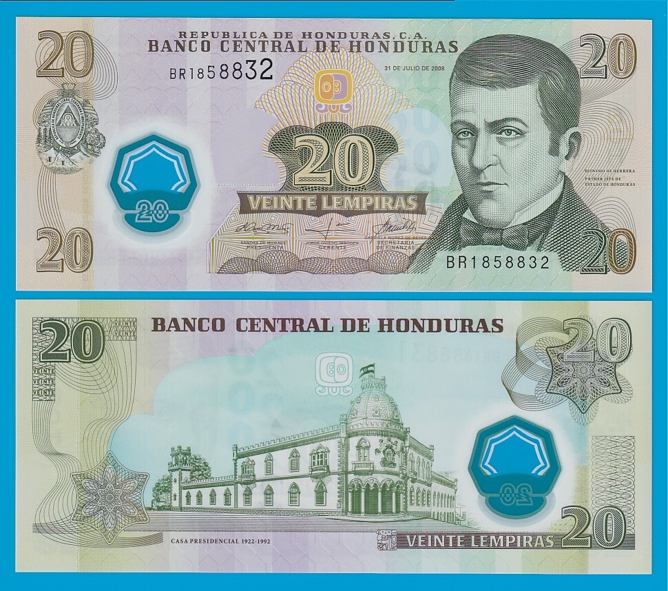 Honduras 20 Lempiras P 95 Polymer 2008 UNC
