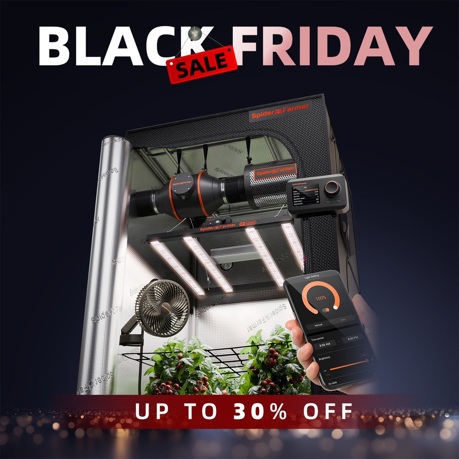 2025 Spider Farmer 3x3ft Smart Grow Tent Kit 300W LED+GGS+Clip fan,Wifi-Control