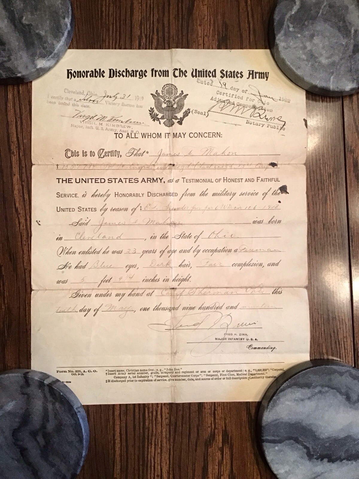 WW1 Honorable Discharge from Army Certificate May 10 1919 WWI Argonne Offensive