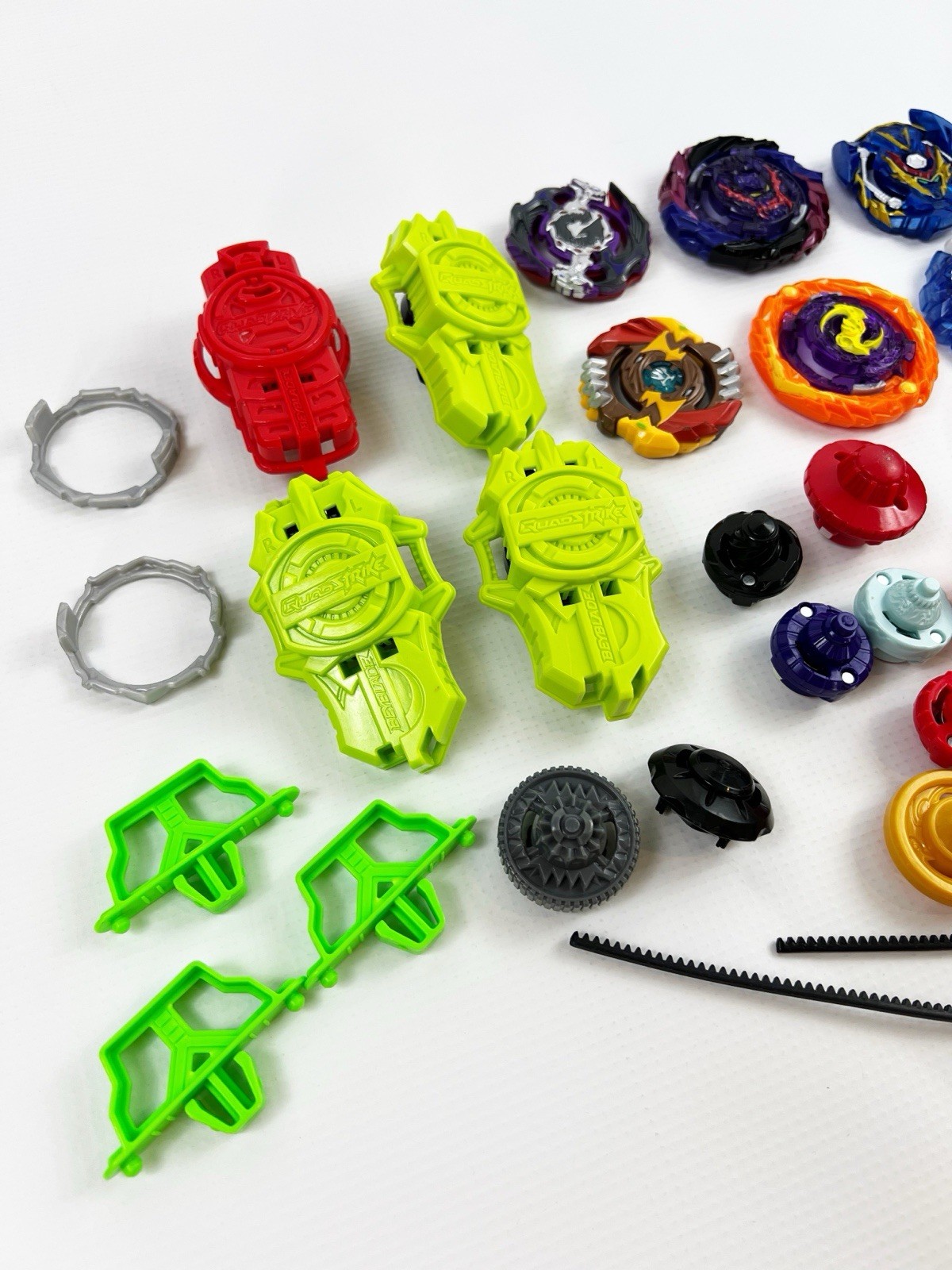 Large Lot of 30+ Beyblades Many Pieces Tops Parts Metal Cords Launchers HASBRO
