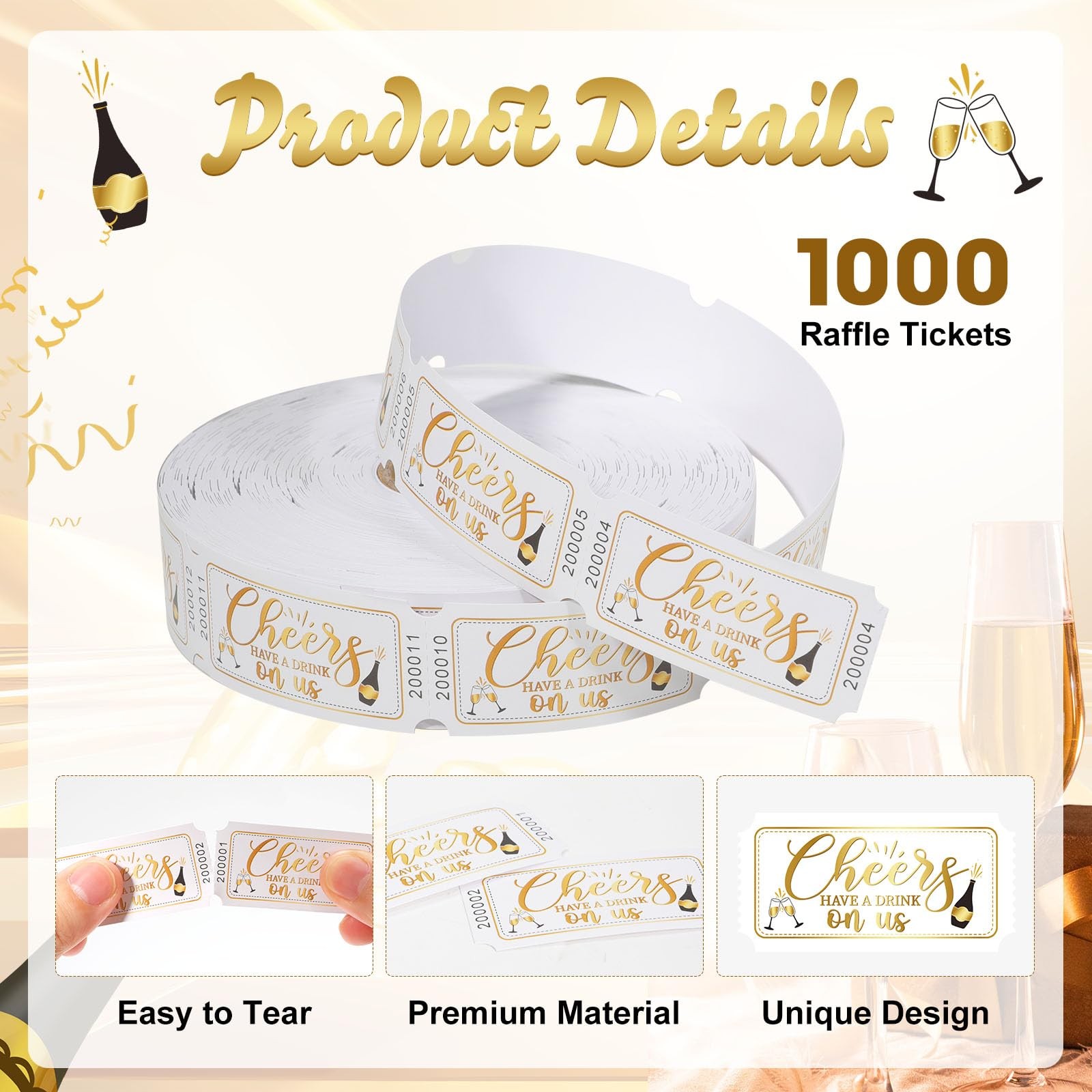 1000 Pcs Drink Ticket Single Raffle Tickets Roll Golden Cheers Free Drink Tic...