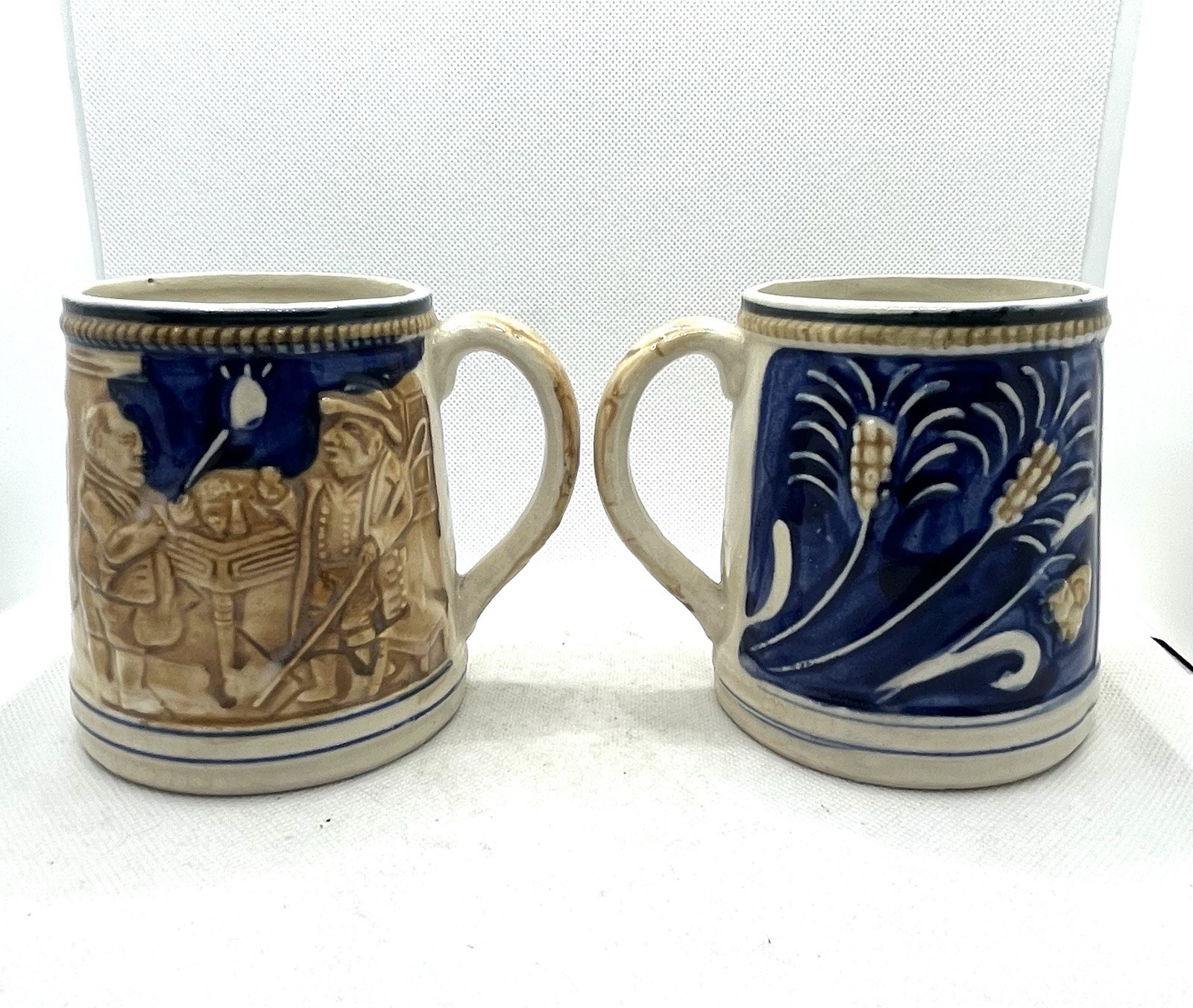 Vintage Ceramic Beer Mugs Cobalt Blue 2 Men In Tavern Scene & Wheat Japan 4”