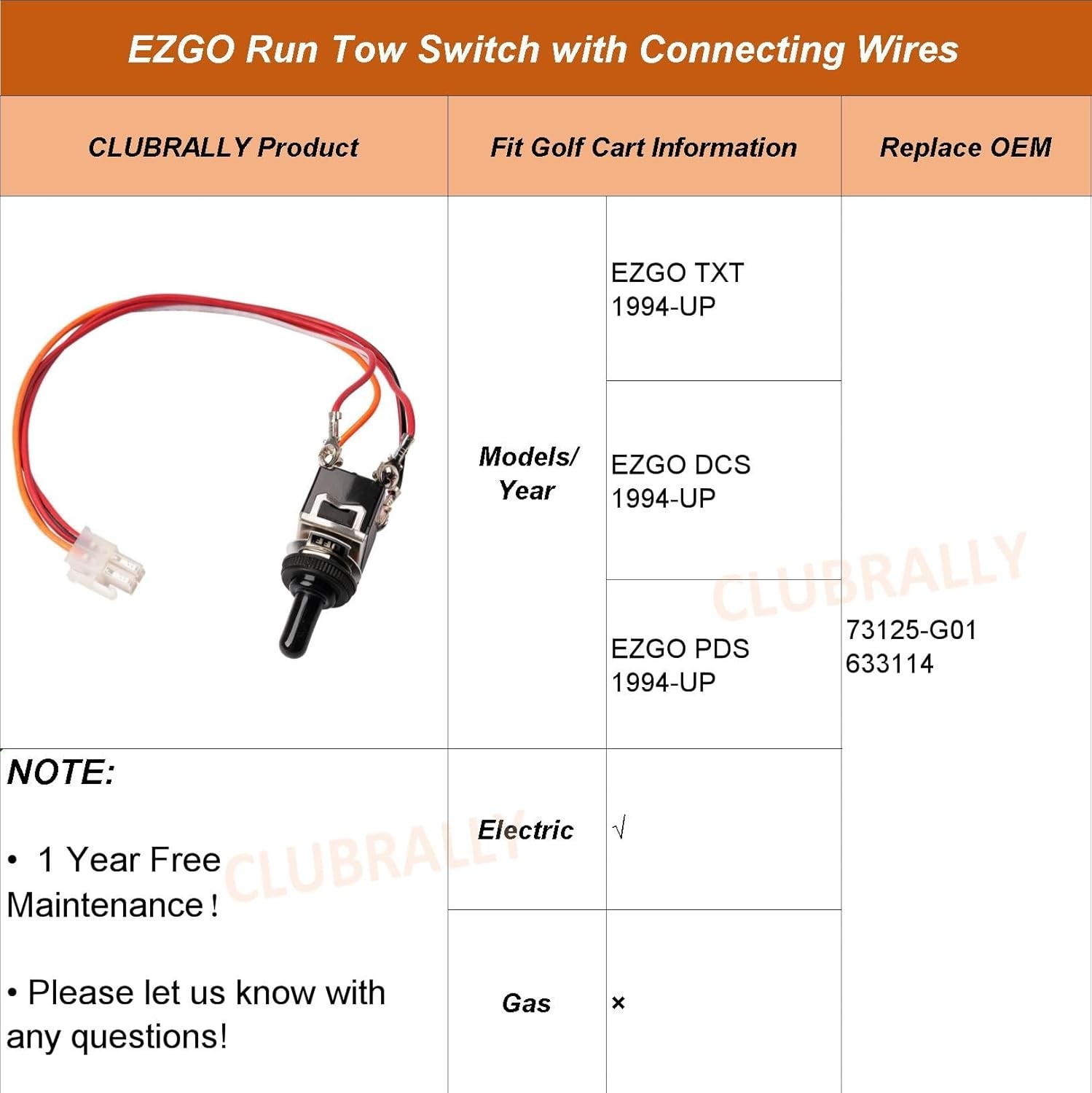 Golf Cart Run/Tow Switch with Connecting Wires, Fits EZGO Electric 1994-Up