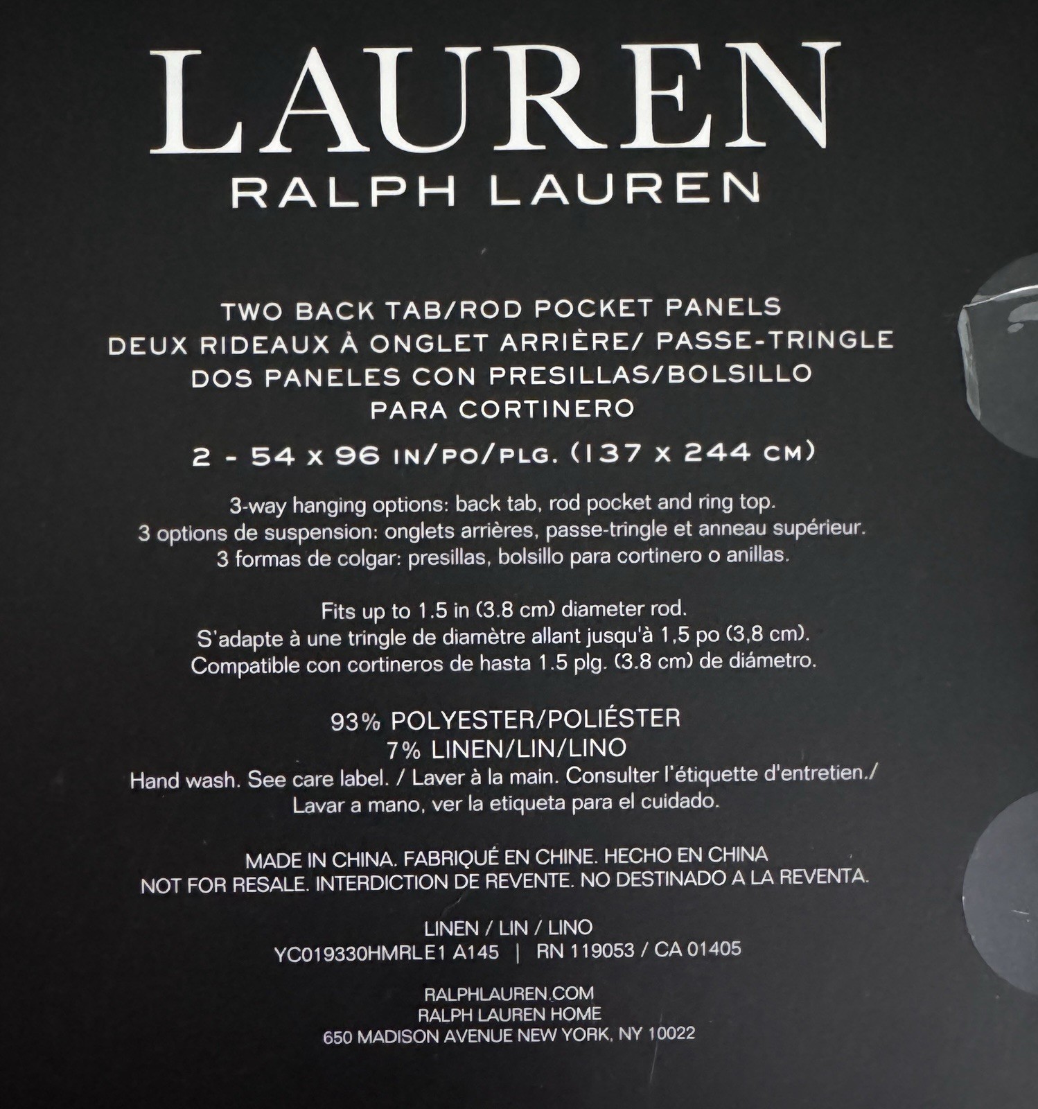 New Ralph Lauren Window Curtains 2 Panels Beige 54 x 96 Linen Hamilton Back Tab