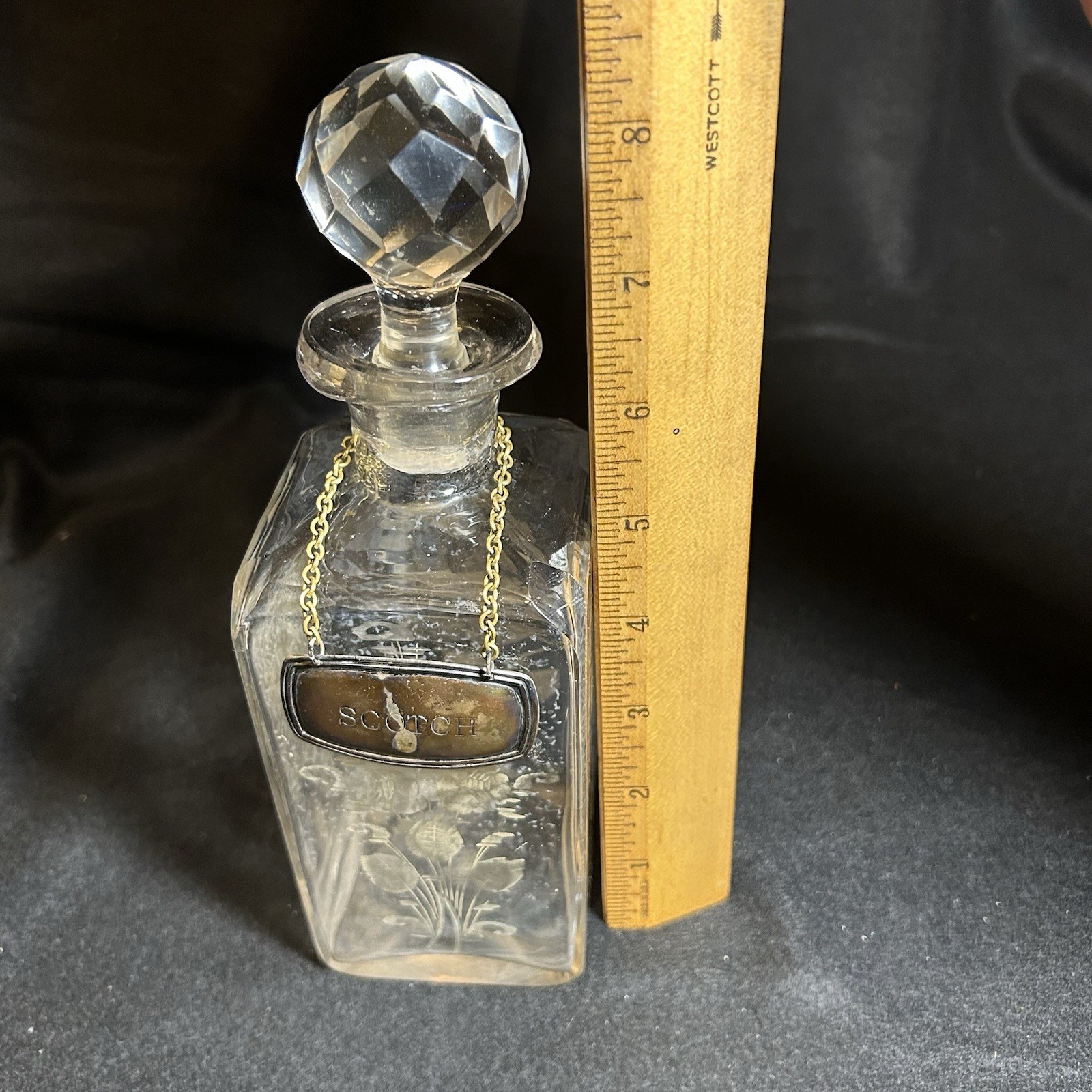 Antique Edwardian Etched Crystal Decanter “Scotch” Silverplate Plaque England