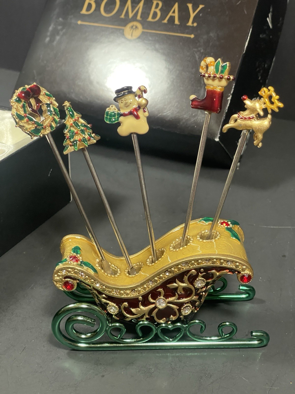 Bejeweled Bombay Christmas Sleigh w Cocktail Picks Forks Enameled In Box