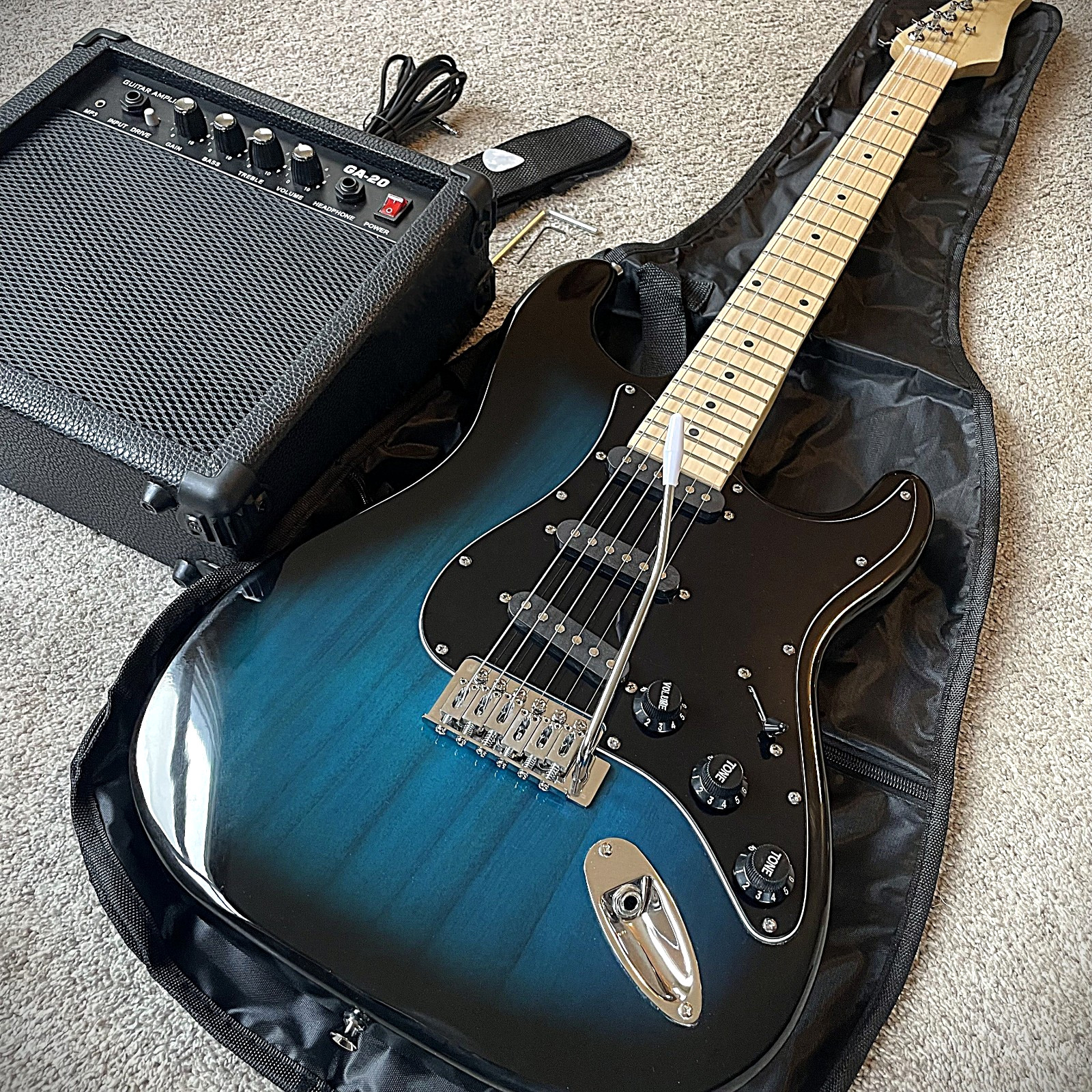 Blue Electric Guitar Starter Package with 20-Watt Amp and Accessories Full-Size