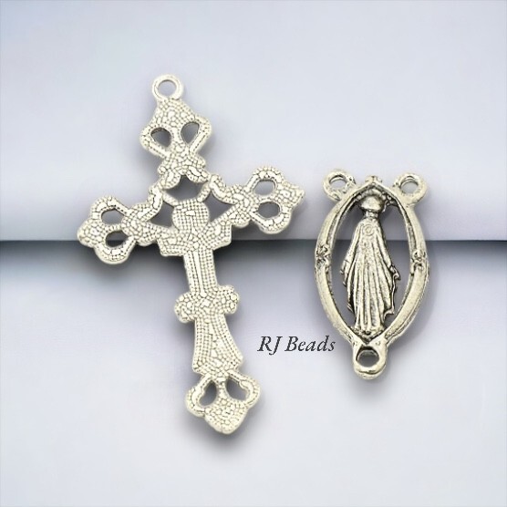 10 Sets! Antique Silver Rosary Cross Center Alloy Crucifix Rosary Links Pendant