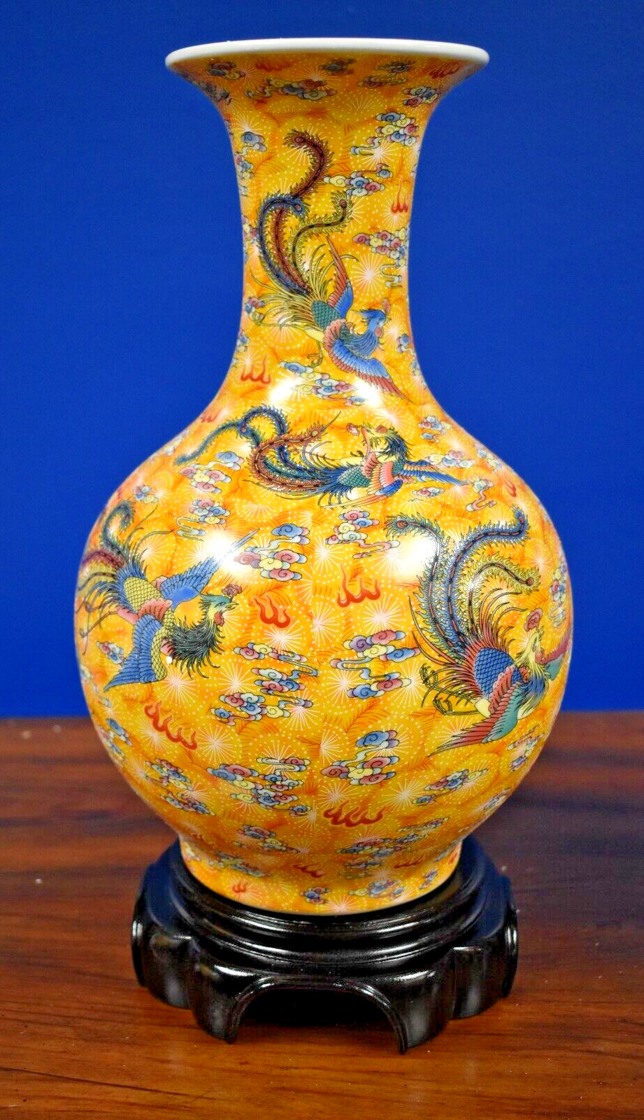 14" YELLOW PHOENIX VINTAGE NOS CHINESE JINGDEZHEN PORCELAIN VASE W/STAND 16"