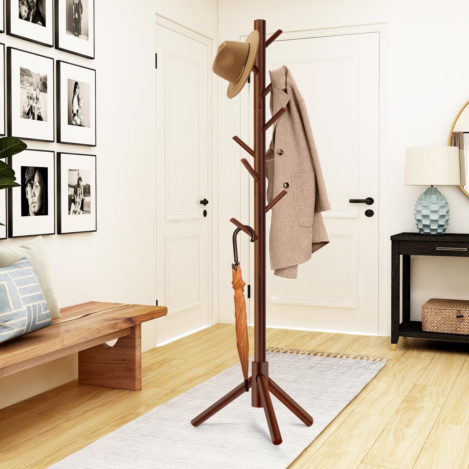 Freestanding Coat Rack 8 Hooks Adjustable Tree Stand for Hats Coats Scarves
