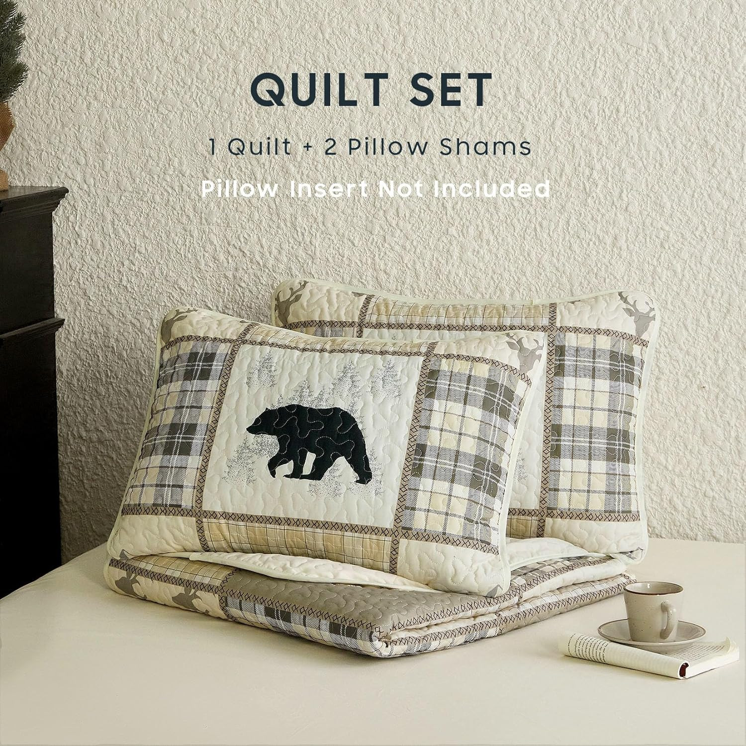- Rustic Quilt Set, Cabin Lodge Christmas Bear Moose Queen / Full Tan Cream