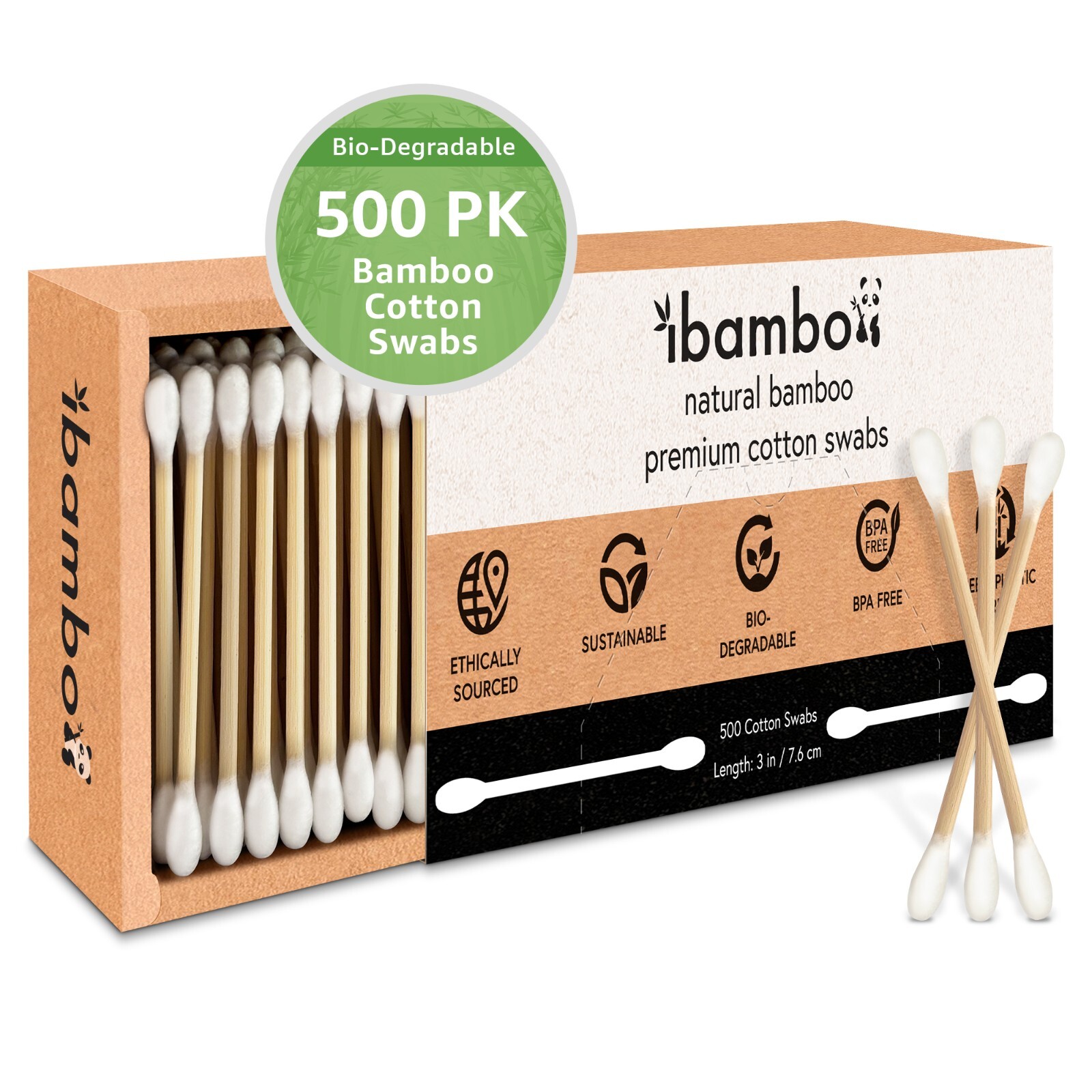 Ibambo Bamboo Cotton Swabs - 500 Pack, for Beauty & Personal Care