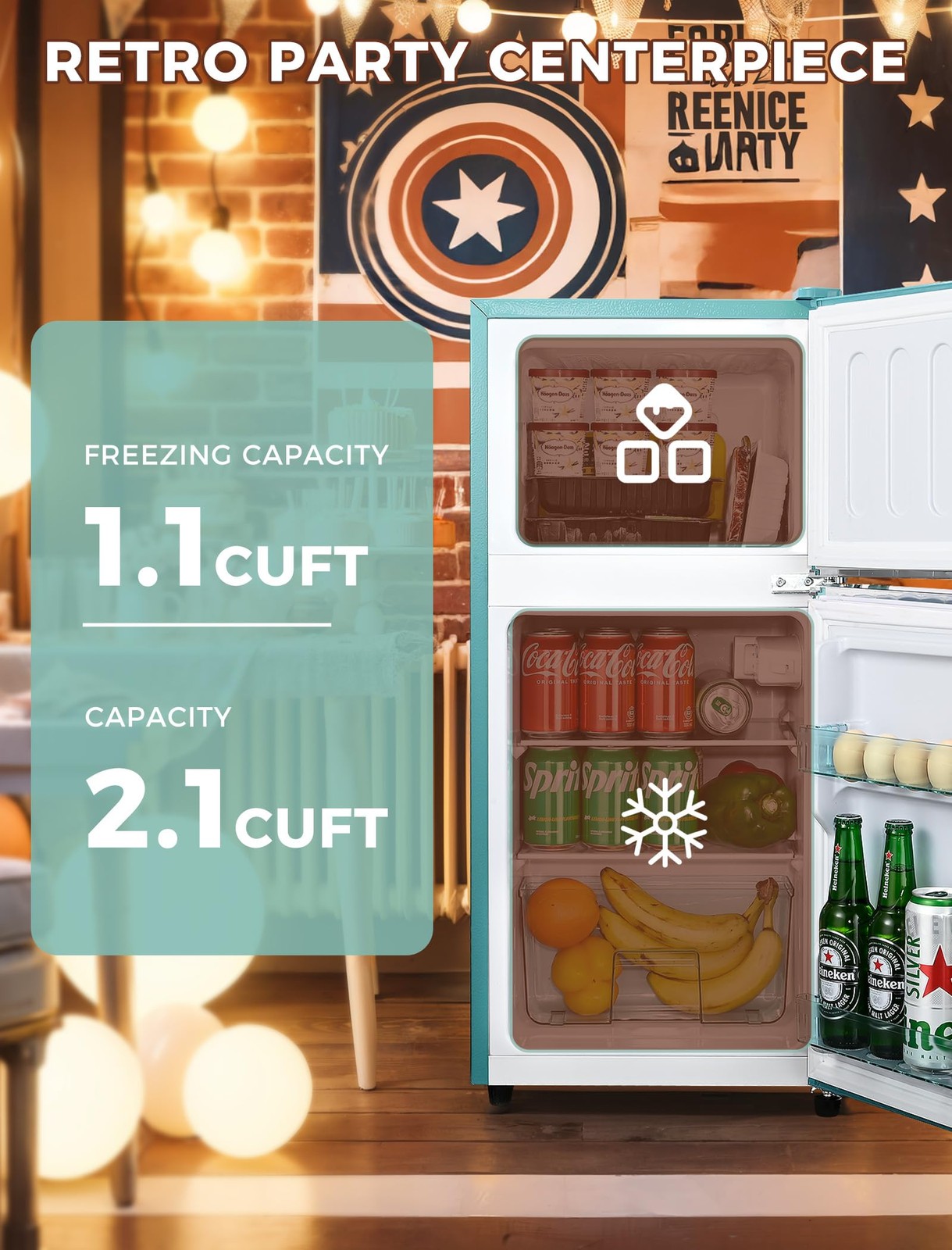 3.2 CuFt Retro Double Door Fridge Freezer 7 Temp Settings Blue