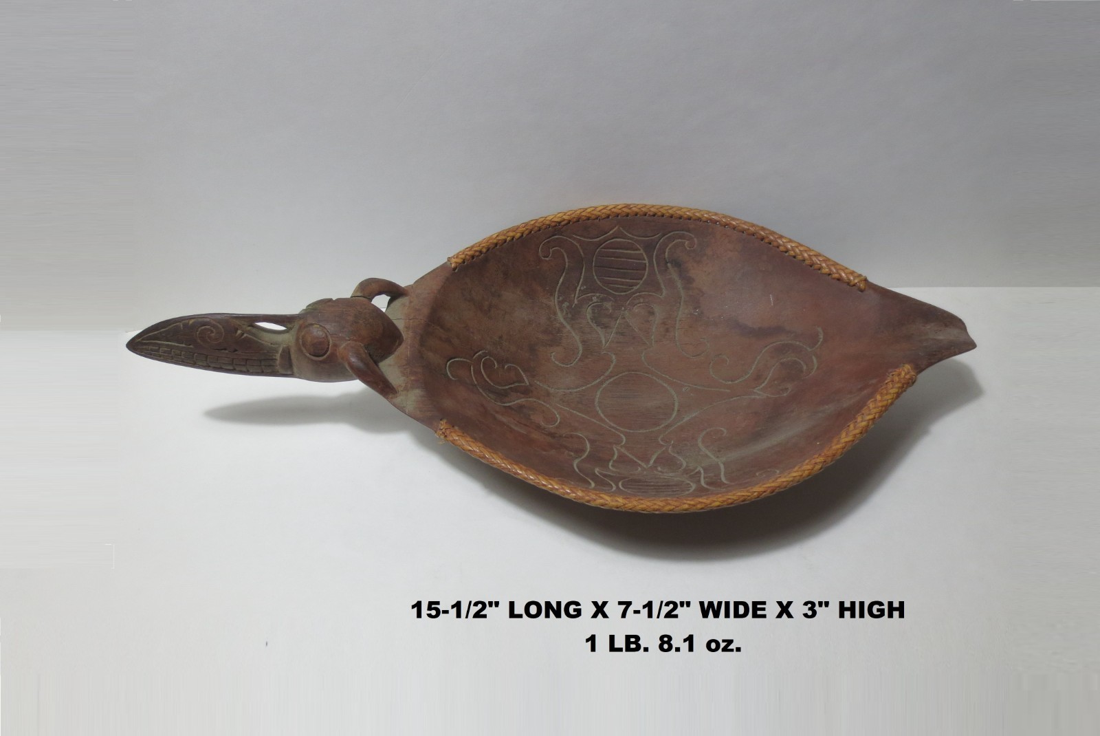 RARE! ANTIQUE! c1900 BORNEO "ASO DRAGON" CARVED WOOD BOWL w WEAVED RATTAN RIM