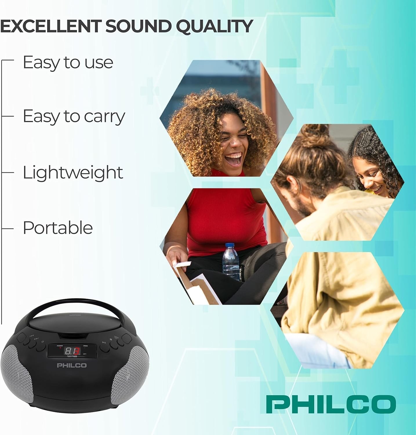 Philco Portable CD Player Boombox with Speakers, Radio, CD, 3.5mm Aux, LED