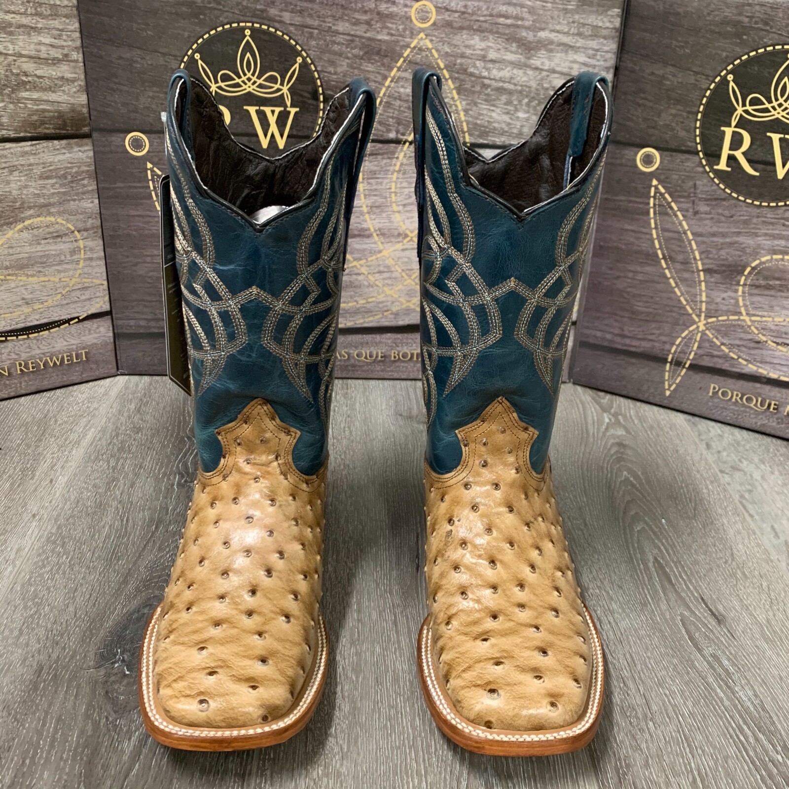 Men's Ostrich Quill Leather Western Cowboy Boots Square Toe