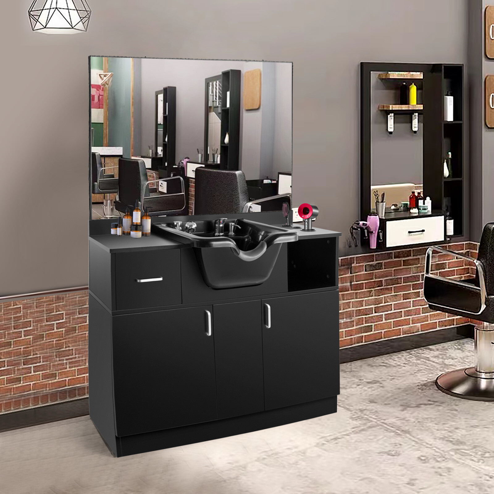 New Backwash Sink Station Shampoo Bowl Beauty Salon Spa Mirror+Drawer+USB+P Trap