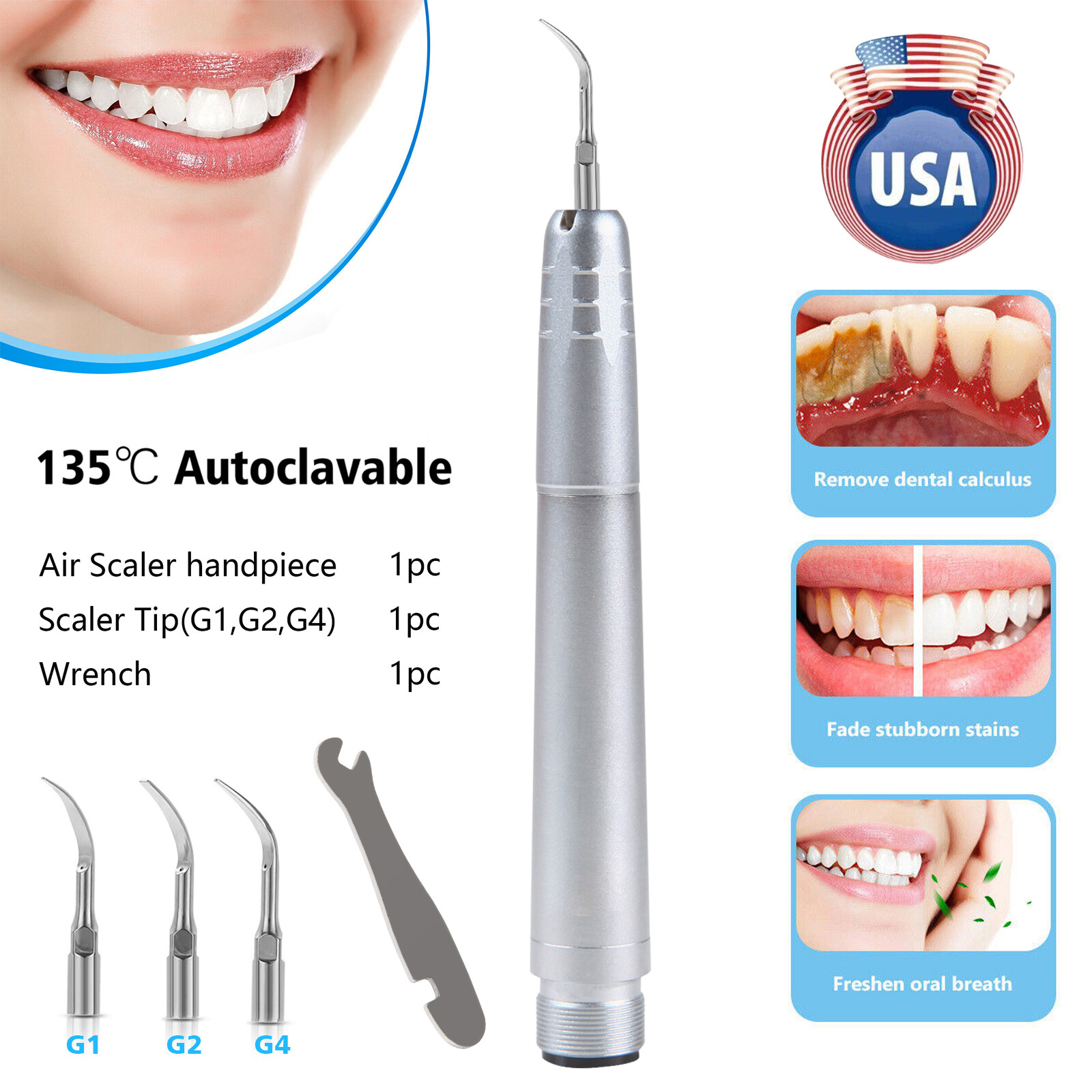 Dental Piezo Ultrasonic Air Scaler Handpiece Hygienist 2/4 Holes With 3 Tips