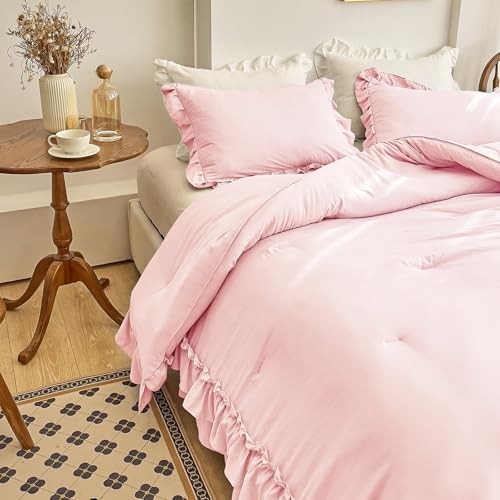 Ruffle Comforter Set 3 Pieces Vintage Ruffle Fringe Queen Peach Pink