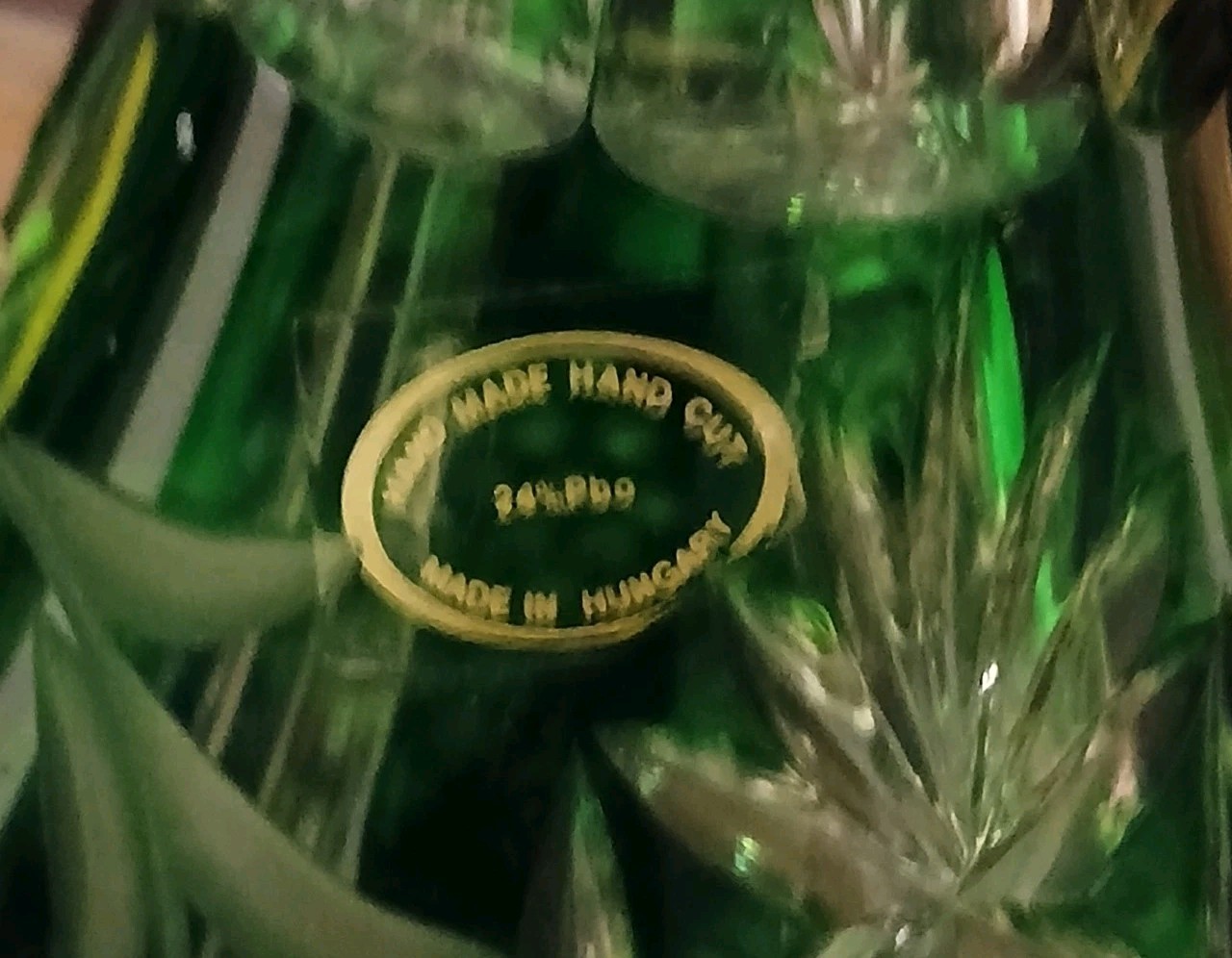 Green Cut To Clear Crystal DeCanter Hand Made 12.5" Tall W/Stopper, Hungary