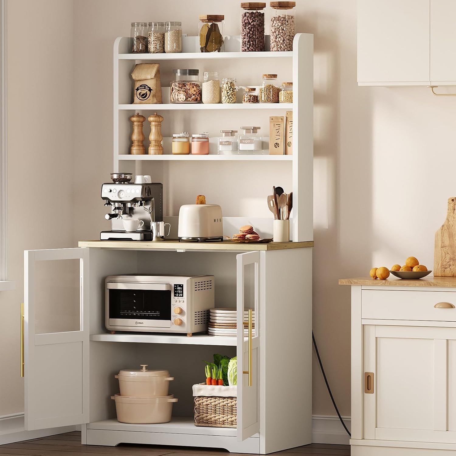 Freestanding 6-Tier Microwave Stand Bakers Rack with Power Outlet Door Storage