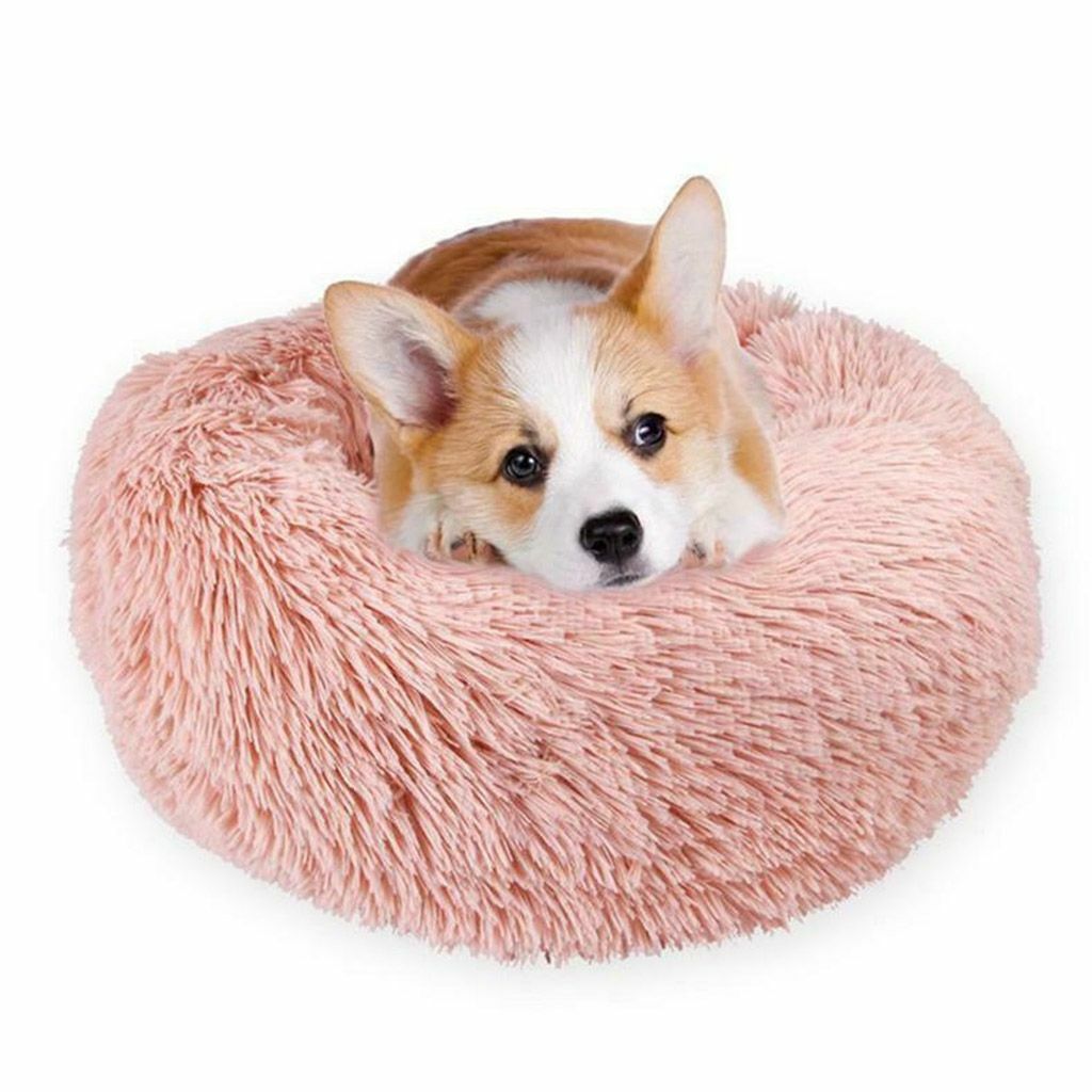 Warm Plush Round Donut Pet Dog Cat Bed Fur Cuddler Soft Puppy Calming Bed Kennel