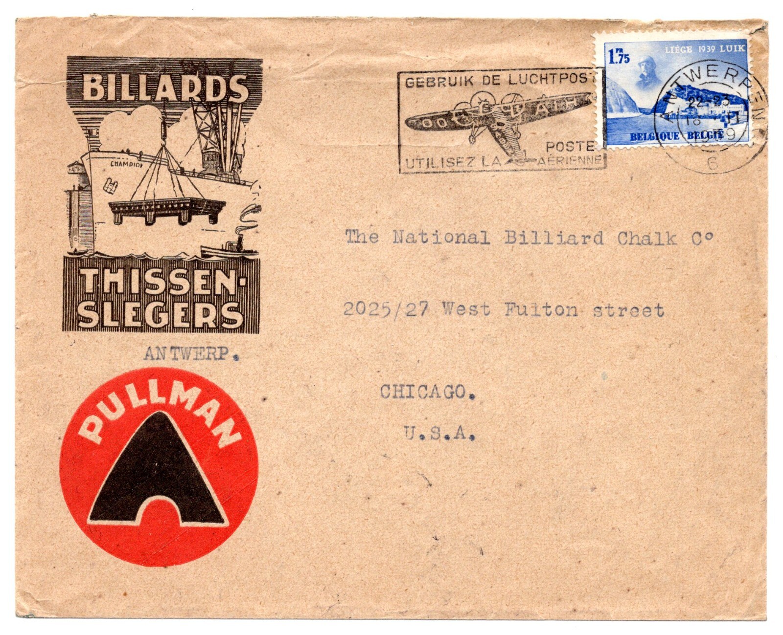 BELGIUM TO US 1939 ANTWERP ADVERTISING BILLIARD TABLES COVER TO CHICAGO ILLINOIS