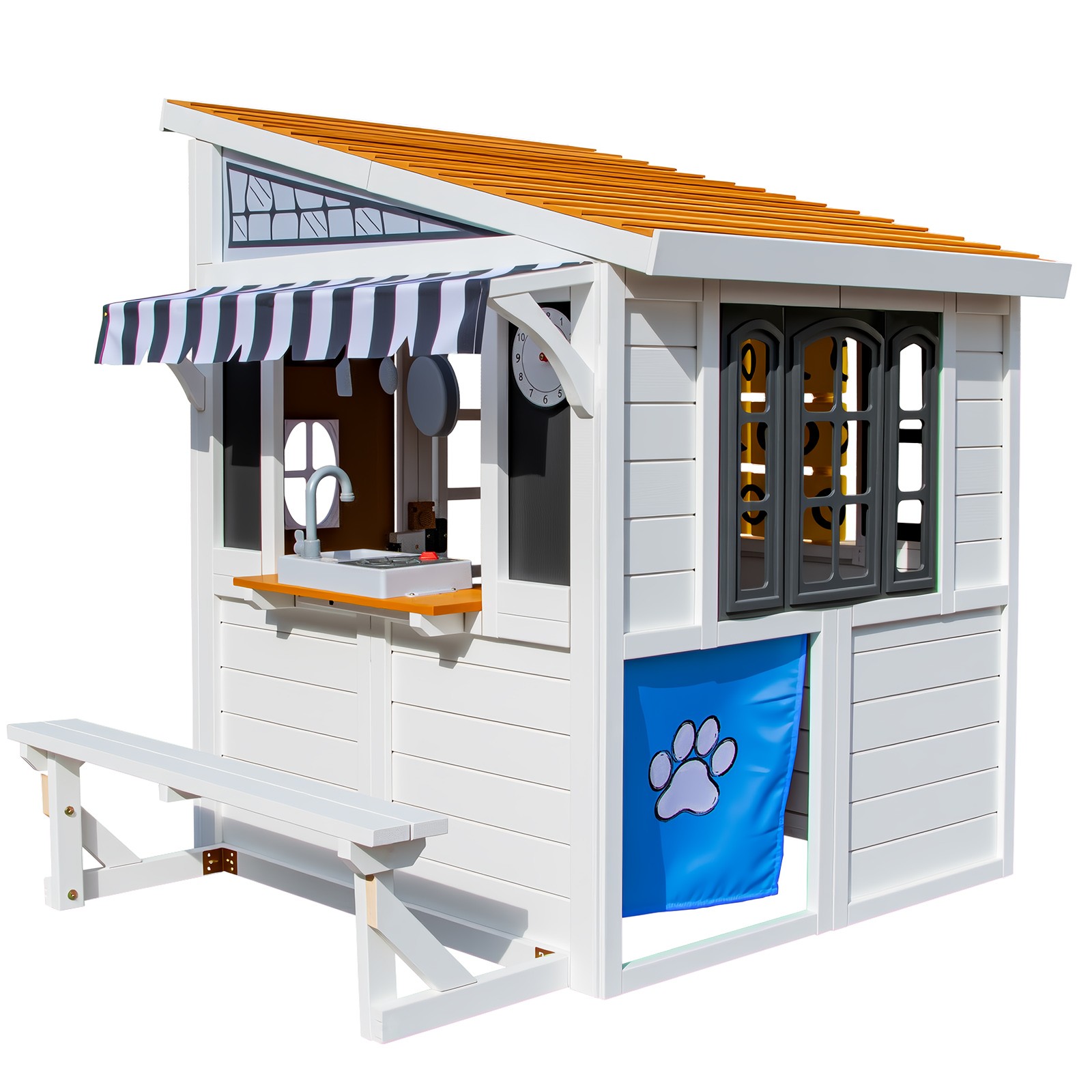 Kids Wooden Playhouse Outdoor Cottage Play Kitchen,Bench,Blackboard,Tic-Tac-Toe