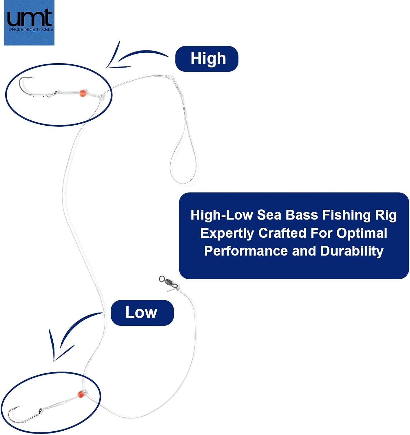 UMT - 10 Pack Hi/Lo Sea Bass Rigs Mustad 3/0 Bait Hooks, 60lb Line, 80lb Swivel
