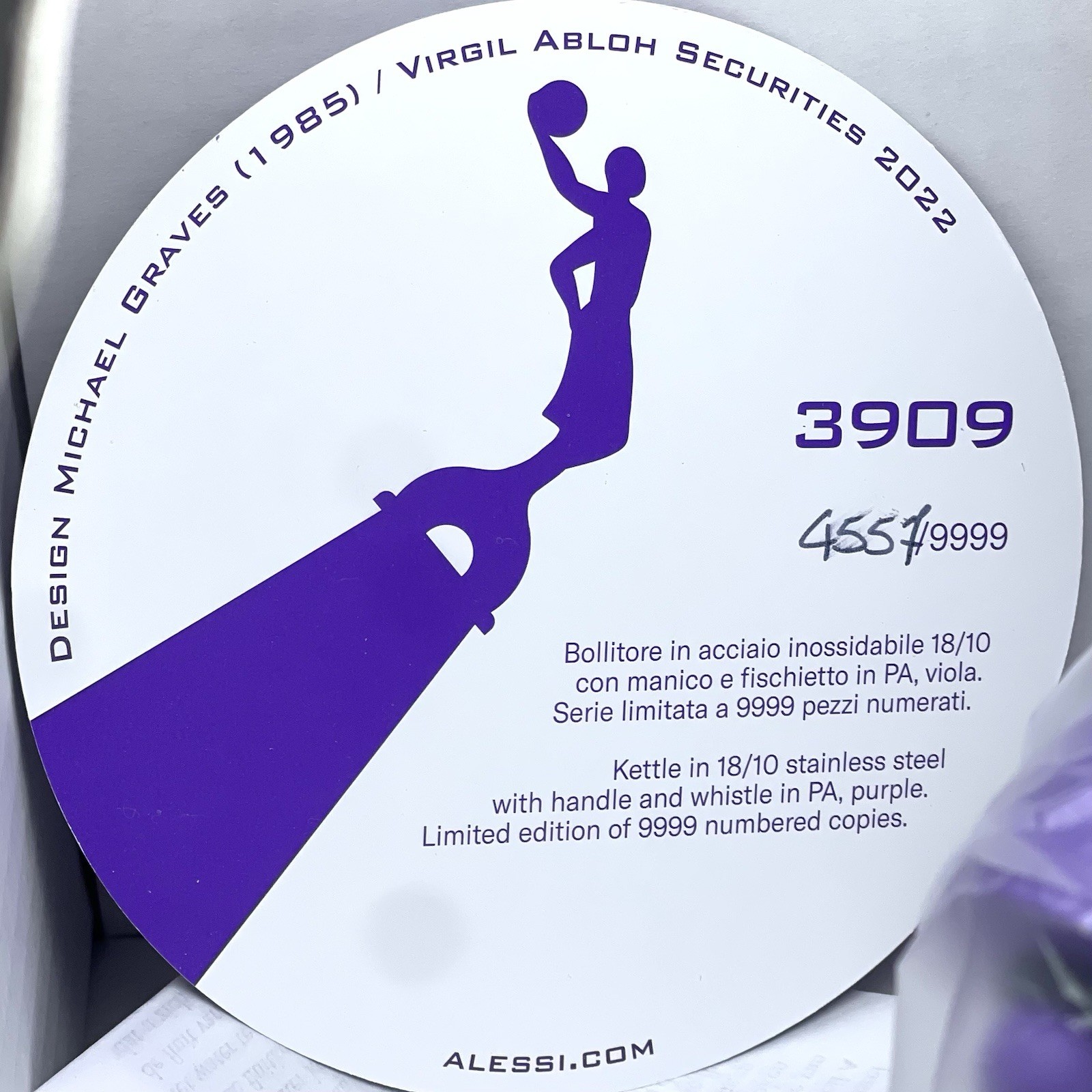 Alessi 3909 Kettle Virgil Abloh Limited Edition Purple Handle Michael Graves NIB